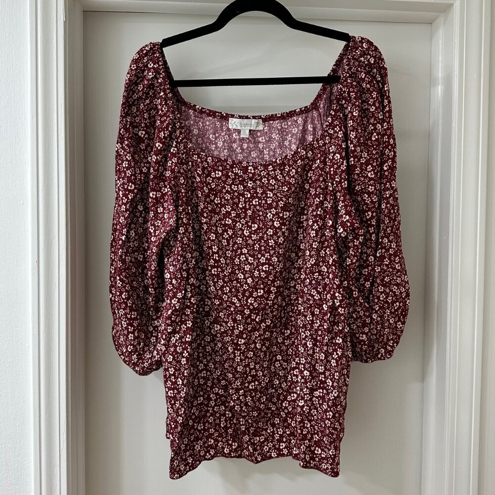 NWT Suzanne Betro Burgundy & Camel Floral Square Neck Balloon Sleeve Top Size 1X